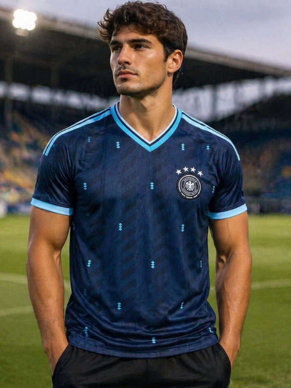 Navy Blue Men's Football Jersey with Light Blue Trim